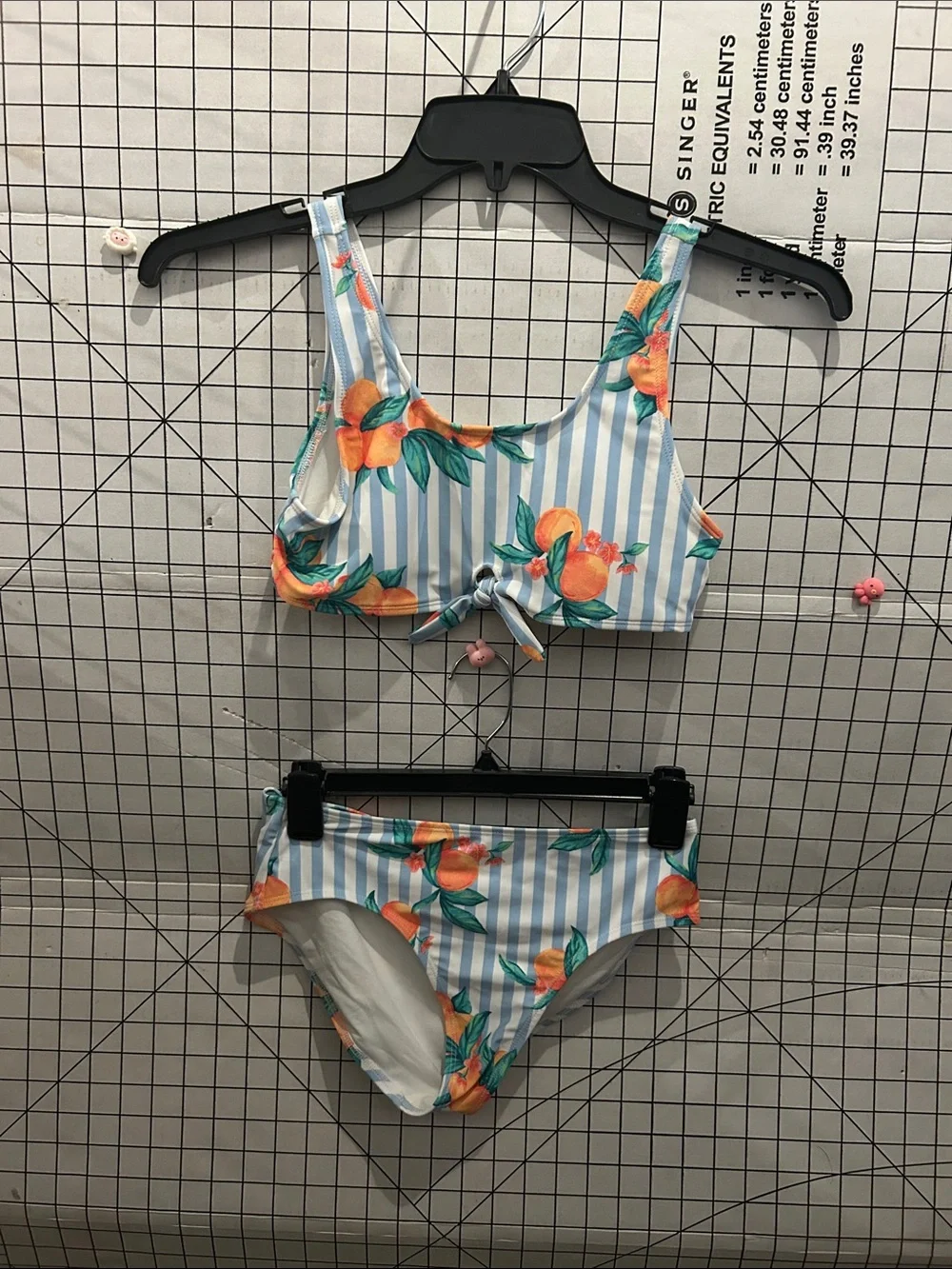 Kids Striped Blue & White Bikini with Orange Floral Print